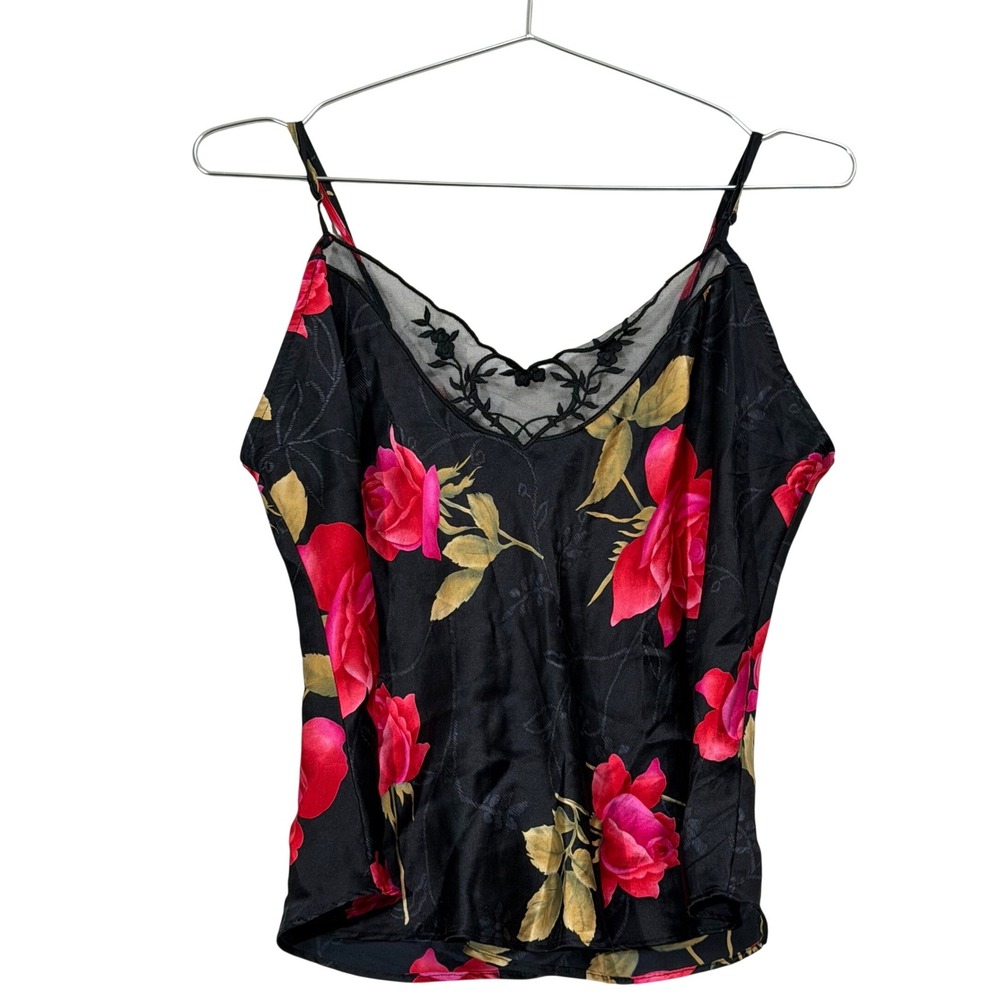 90s Victoria's Secret Silk Camisole Women Large Black Red Vintage Floral Lace
